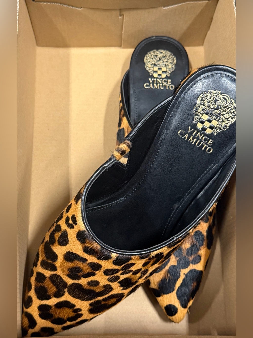Vince Camuto Leopard Print Pointed Toe Flats in Black and Tan